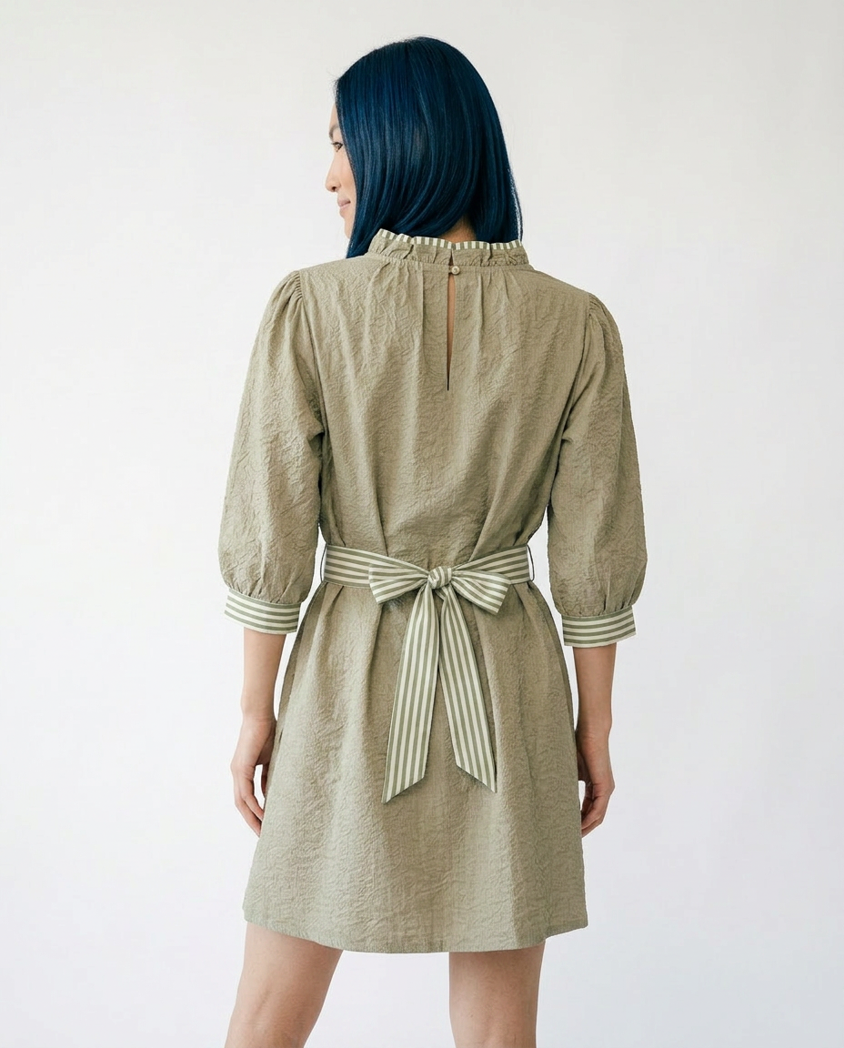 Textured Contrast Trim Mini Dress with Tie Waist