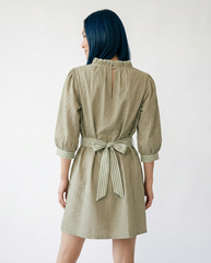 Textured Contrast Trim Mini Dress with Tie Waist