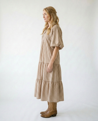 Umgee Plaid Puff Sleeve Midi Dress | Cottage Blush Gingham