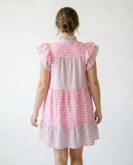 Umgee Patchwork Flutter Sleeve Tiered Cottagecore Dress