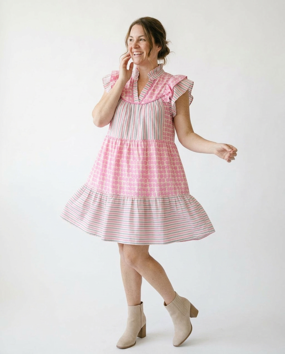 Umgee Patchwork Flutter Sleeve Tiered Cottagecore Dress