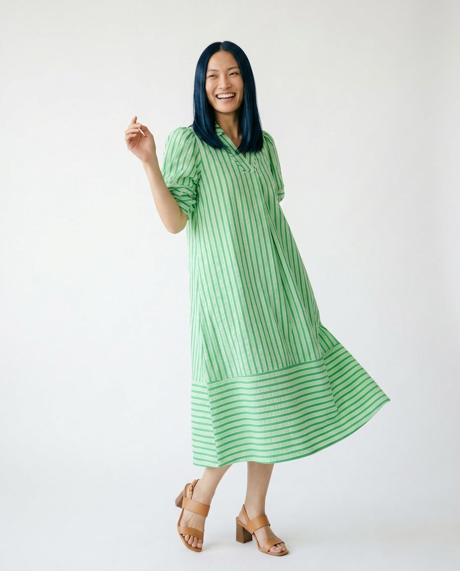 Striped Puff Sleeve Midi Dress | Cottage core Summer Style