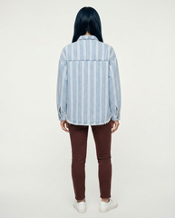 Striped Classic Denim Shacket with Raw Hem Detail