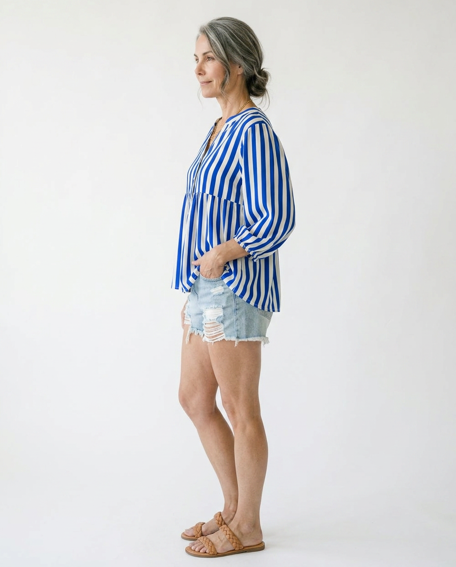 Striped Balloon Sleeve Cottagecore Button-Up Top