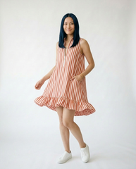 Striped Ruffle Hem Mini Dress with Zipper Neck