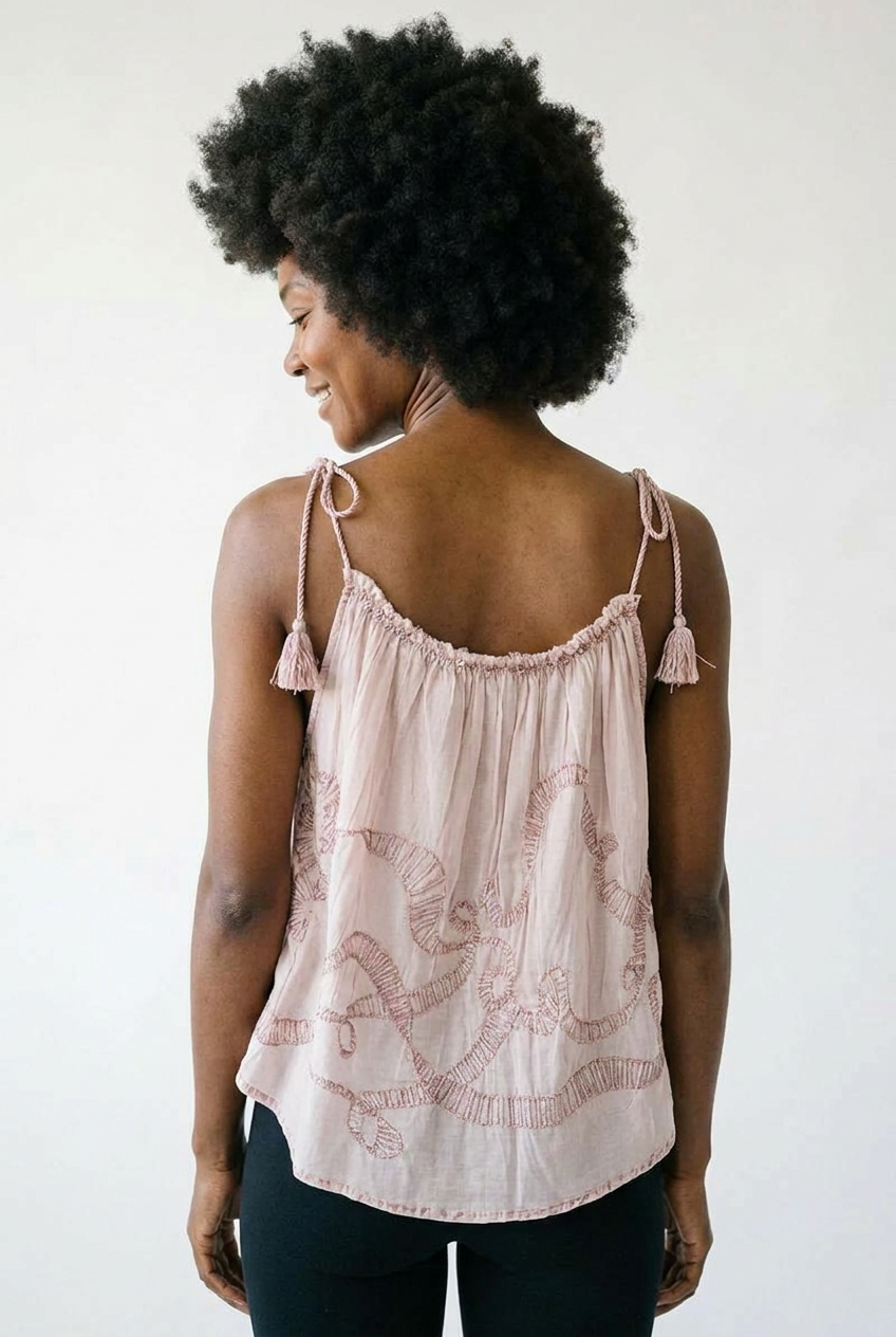 Embroidered Tassel Shoulder Tie Woven Boho Top