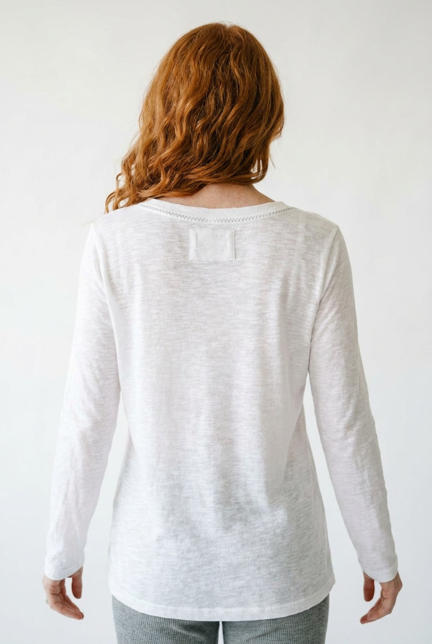 Hand-Stitched V-Neck Lightweight Knit Long Sleeve Top