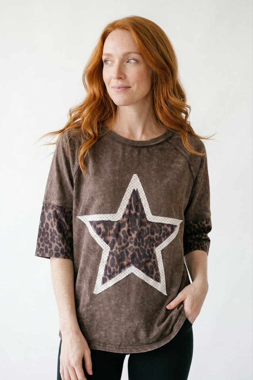 Leopard Star Patch Cotton Tee | Cottage Blush Feminine Top