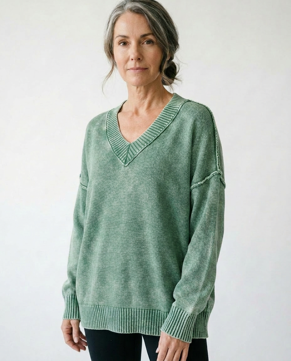 Vintage Washed Deep V-Neck Oversized Cotton Sweater