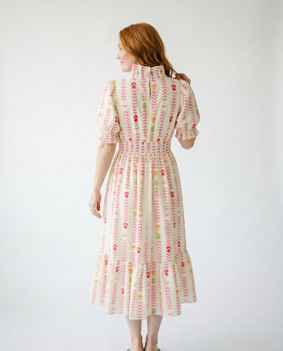 Vibrant Smocked Ruffle Midi Dress | Feminine Cottage Style