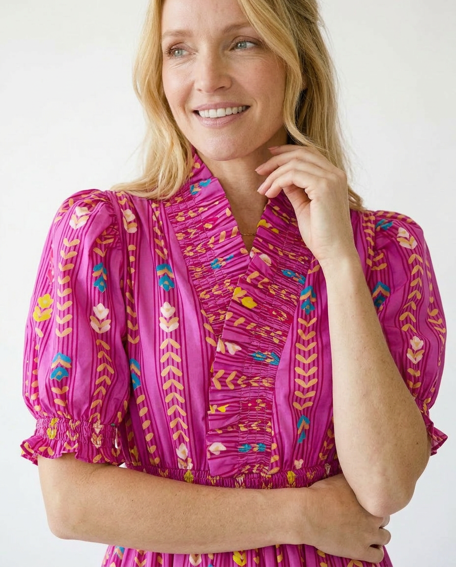 Vibrant Ruffle Smocked Midi Dress | Cottage Blush