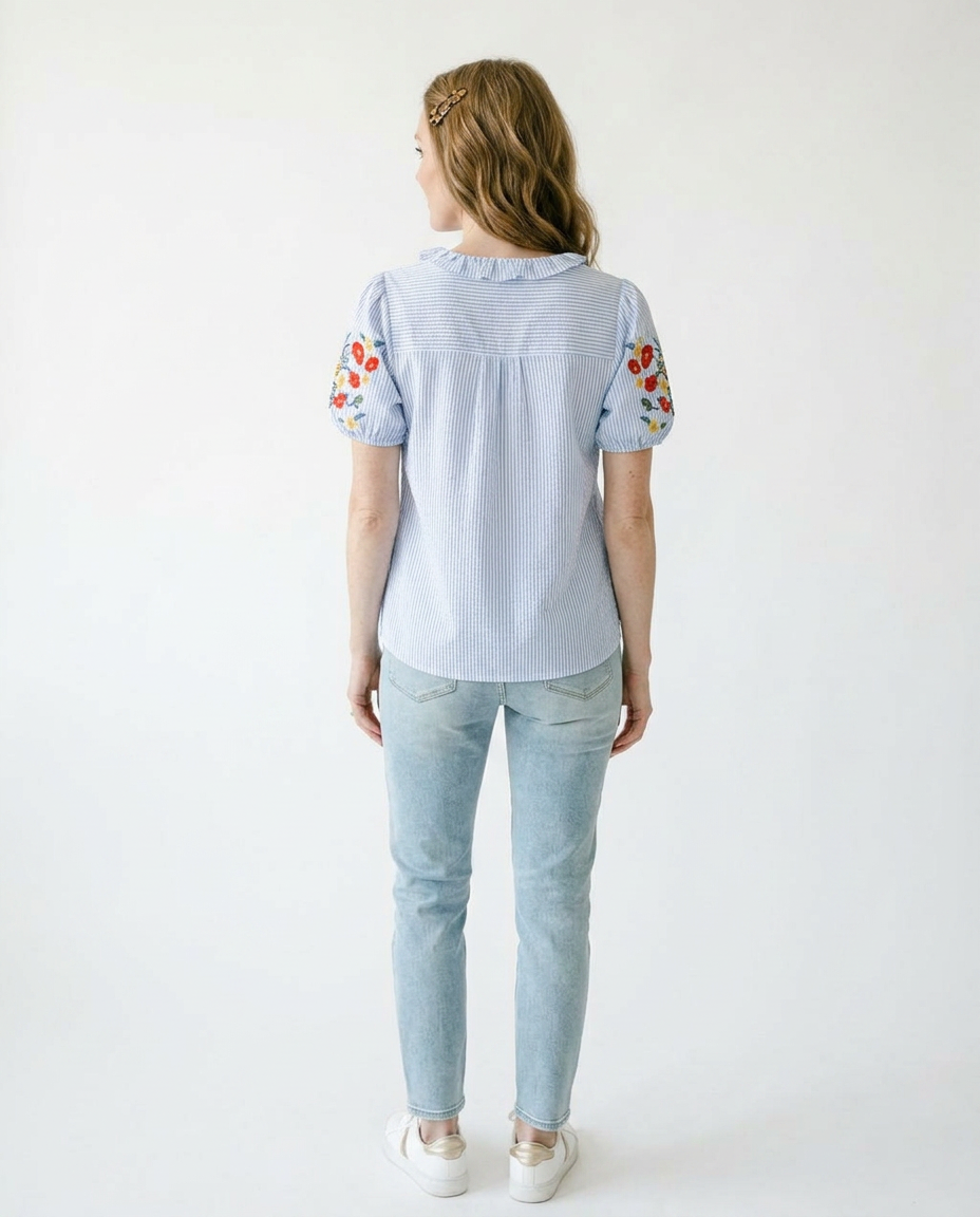 Floral Embroidered Puff Sleeve Stripe Top | Cottage Blush