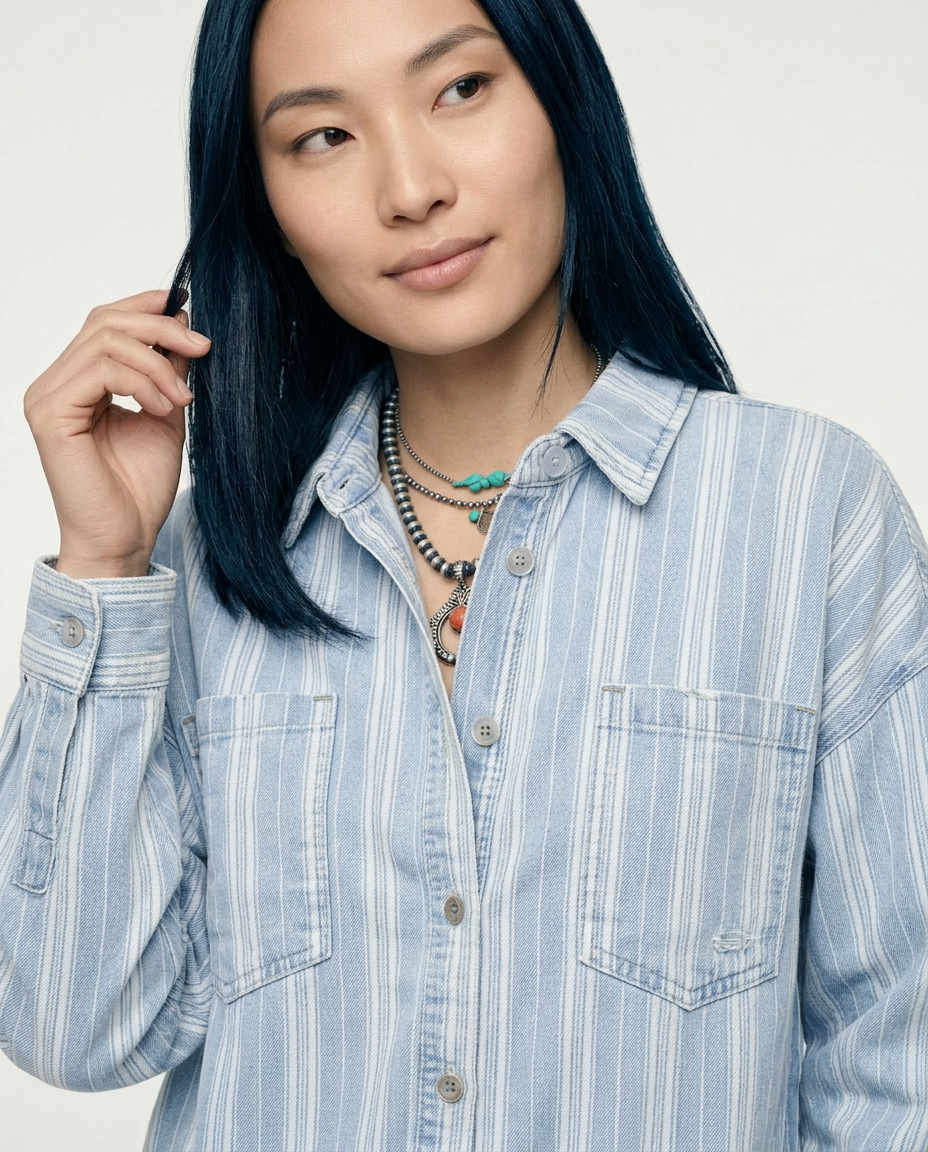 Striped Classic Denim Shacket with Raw Hem Detail