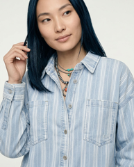 Striped Classic Denim Shacket with Raw Hem Detail