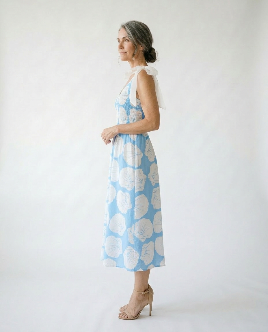 Coastal Shell Print Smocked Midi Dress | Cottage Blush