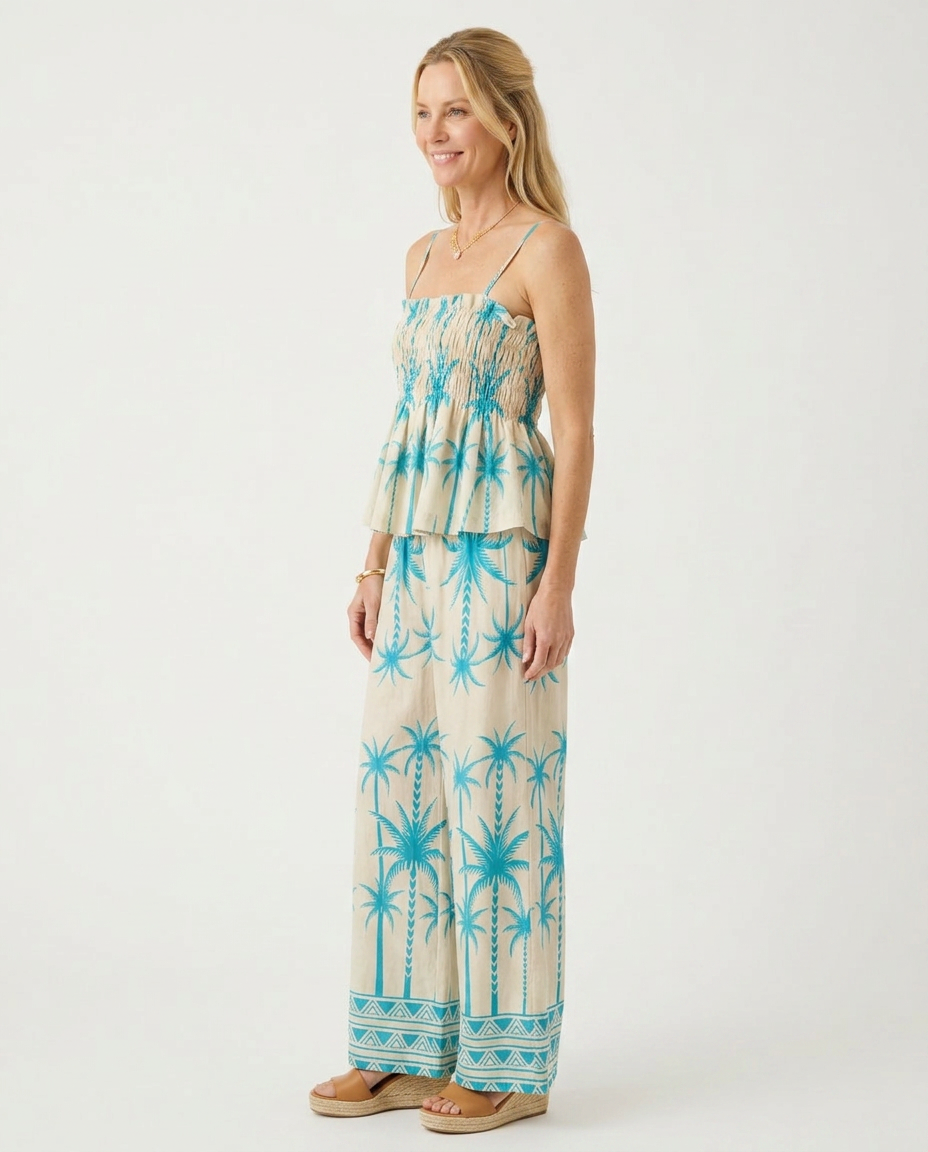 Palm Tree Print Smocked Cami Top | Cottage Blush
