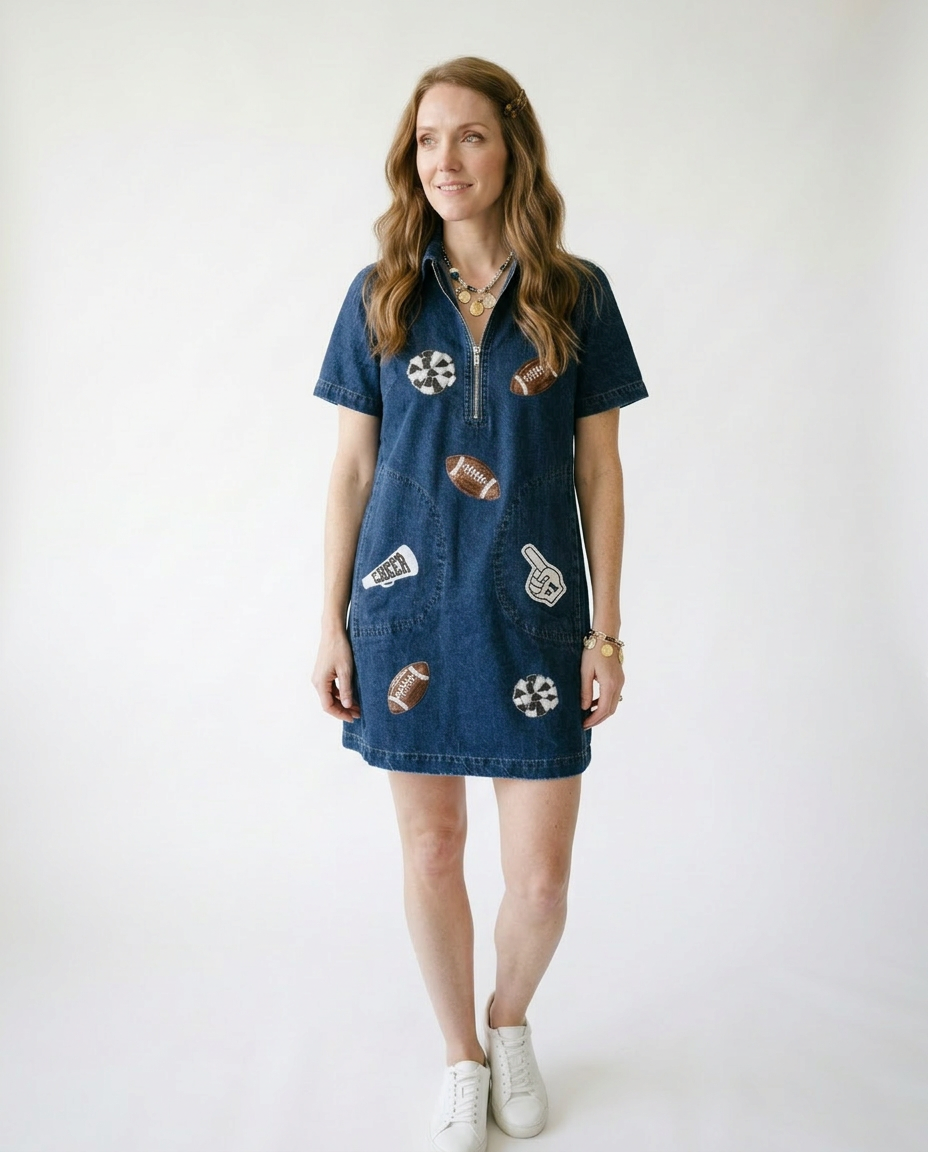 Sequin Football Patch Denim Mini Dress | Game Day Style