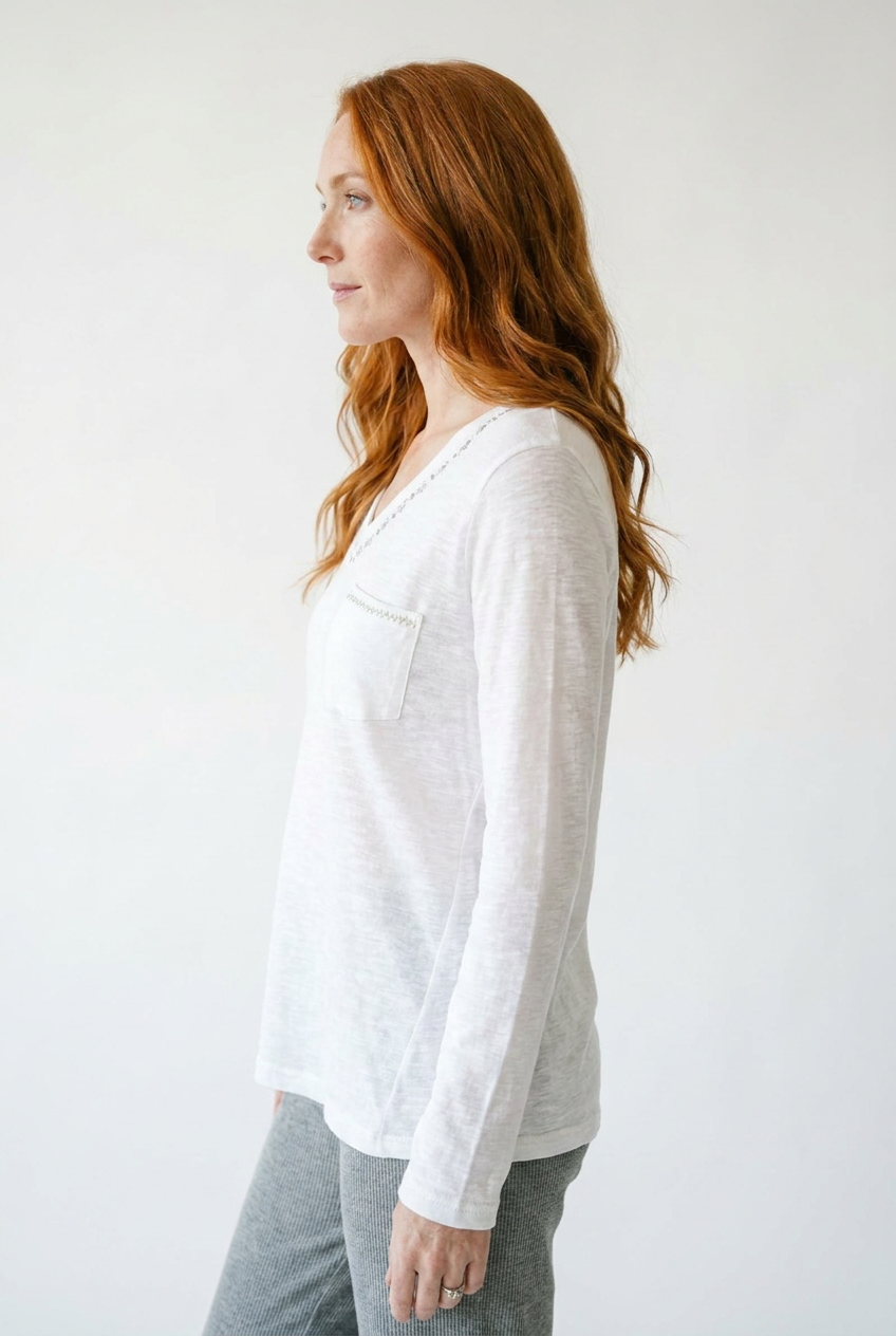 Hand-Stitched V-Neck Lightweight Knit Long Sleeve Top