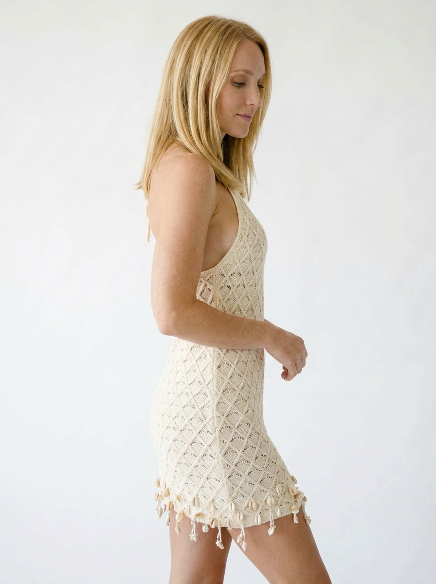 Dainty Openwork Halter Mini Dress with Tassel Detail