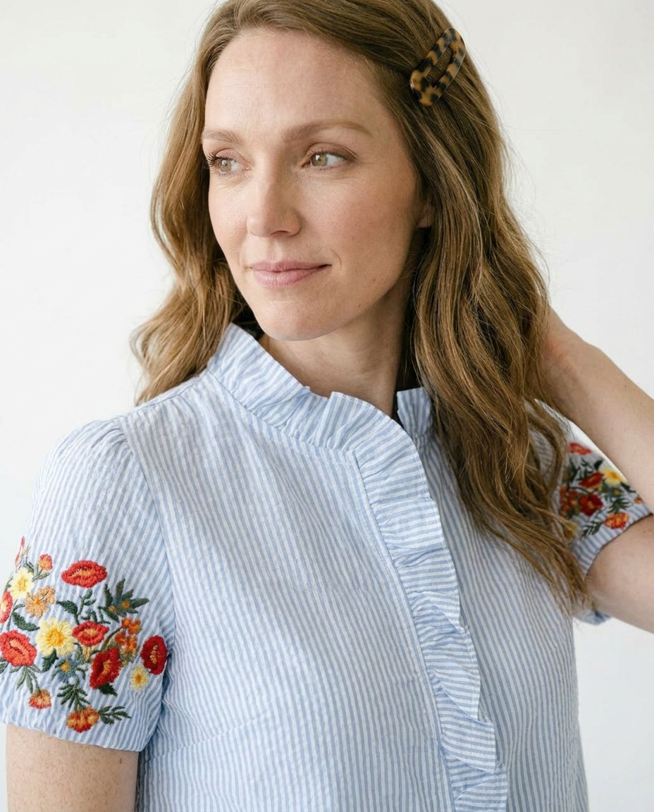 Floral Embroidered Puff Sleeve Stripe Top | Cottage Blush