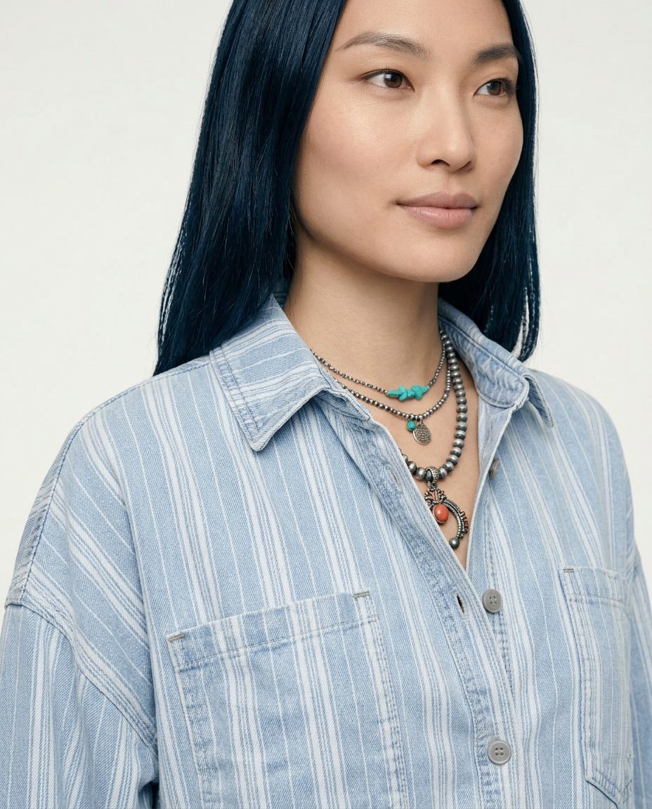 Striped Classic Denim Shacket with Raw Hem Detail