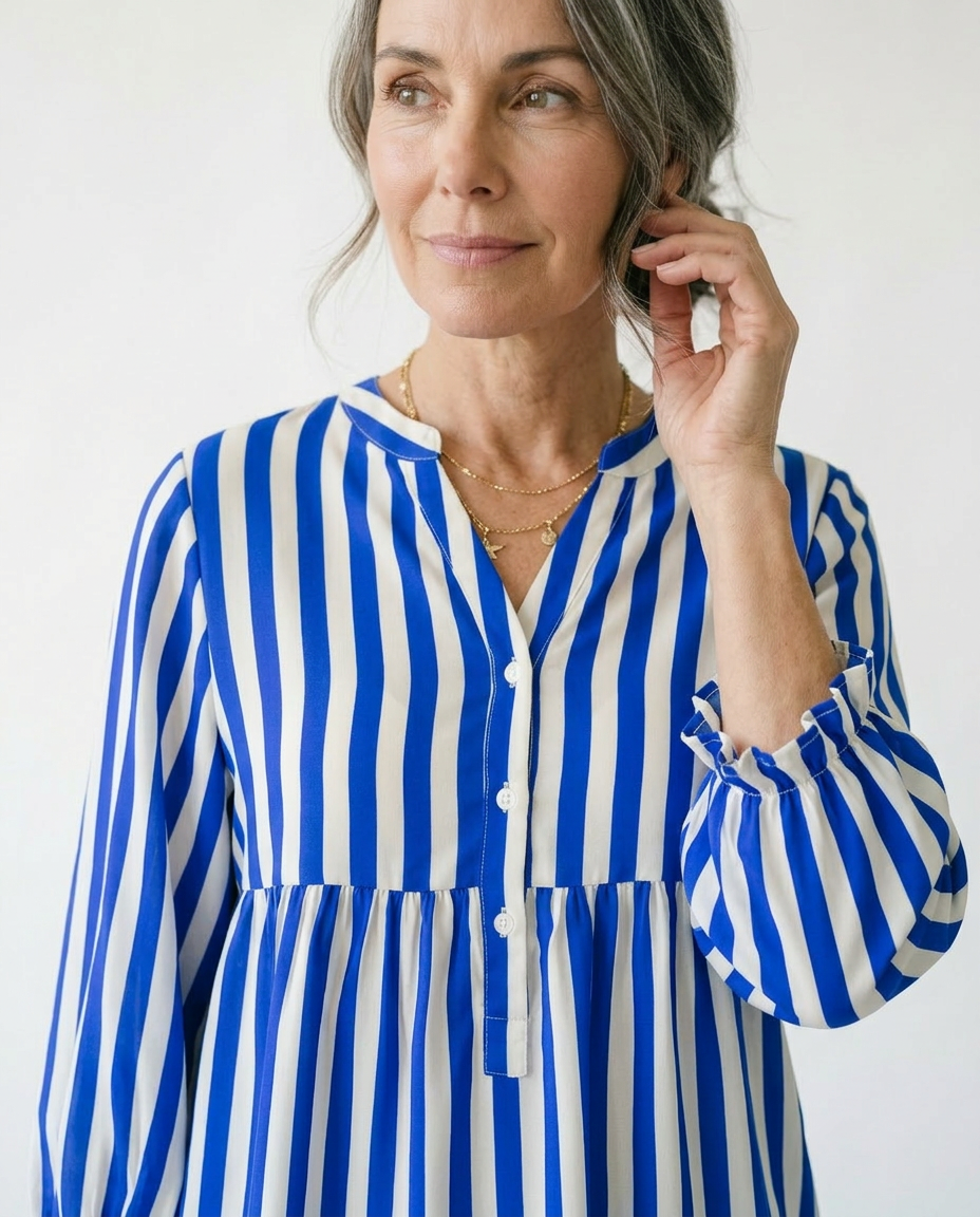 Striped Balloon Sleeve Cottagecore Button-Up Top