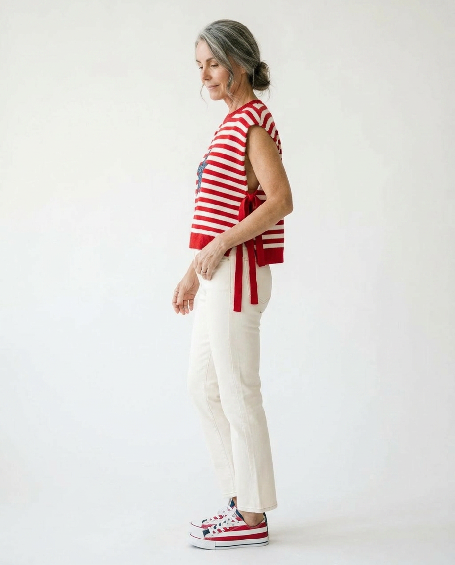 Patriotic Star Patch Stripe Sweater Vest | Cottage Blush