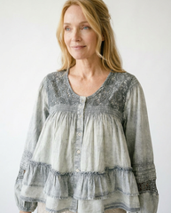 Lace Pintuck Flared Blouse | Romantic Layered Cotton Top